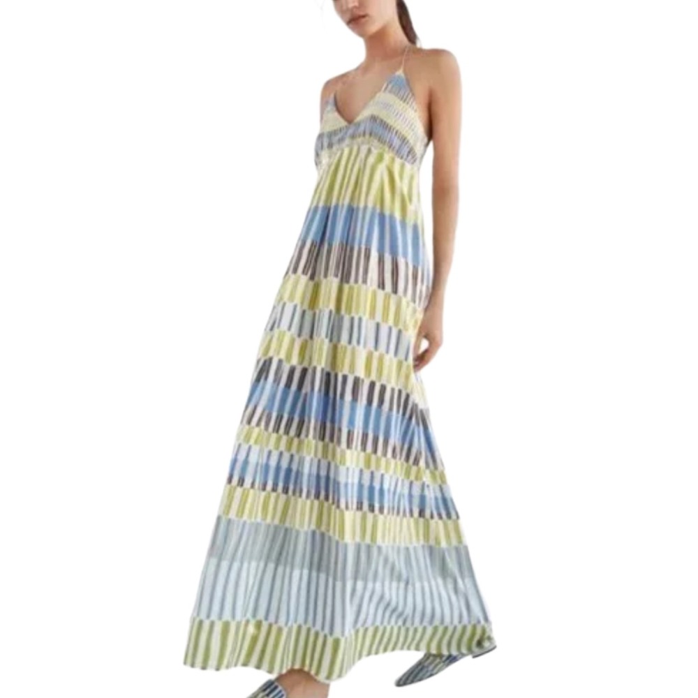 Massimo Dutti Silk Halter Maxi Dress Ivory Blue Green Size 2 EUC